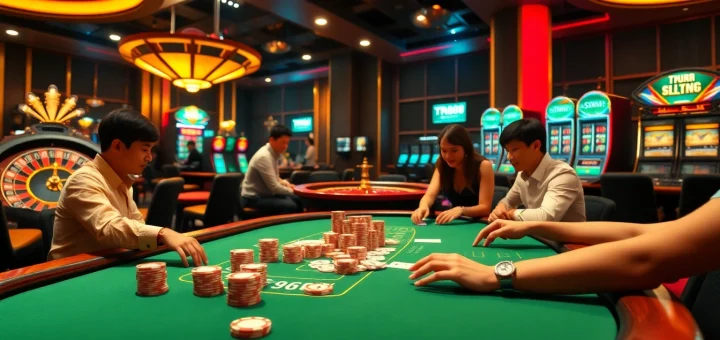 Engaged players at a poker table with TR88-themed casino elements and vibrant colors.