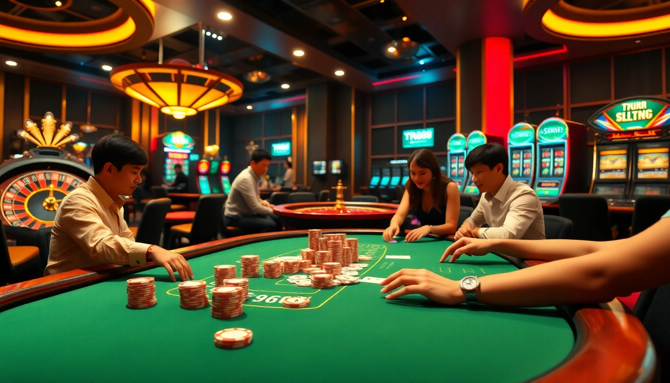 Engaged players at a poker table with TR88-themed casino elements and vibrant colors.