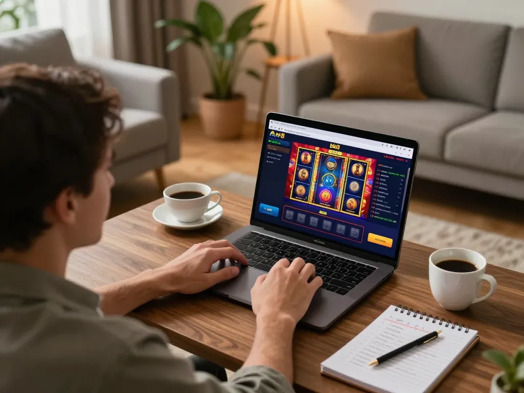 Engaging in online gaming at bk8, a player reviews strategies while enjoying a cozy setup.