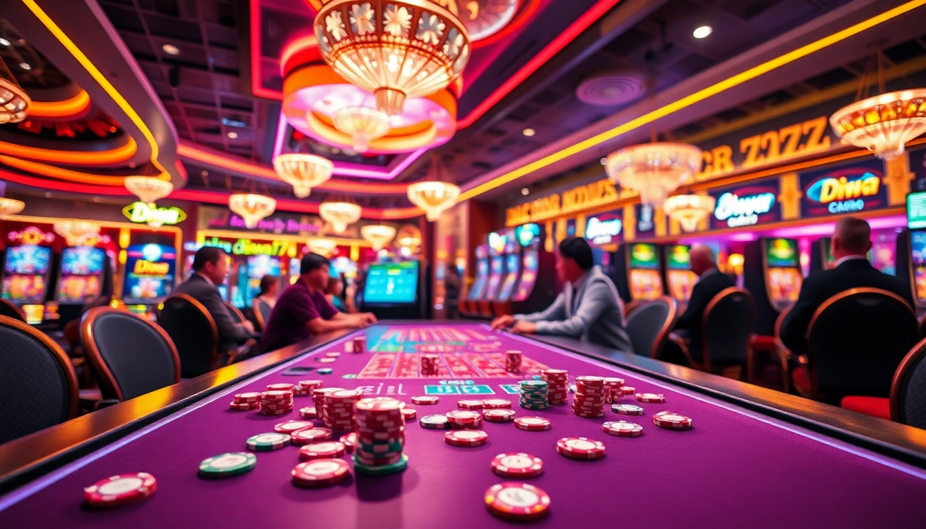 Players enjoying a thrilling game of Diwa 777 at a lively casino table in vibrant lighting.
