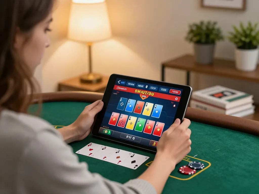 Engaging player enjoying sunwin online blackjack game on tablet in a cozy home setting.