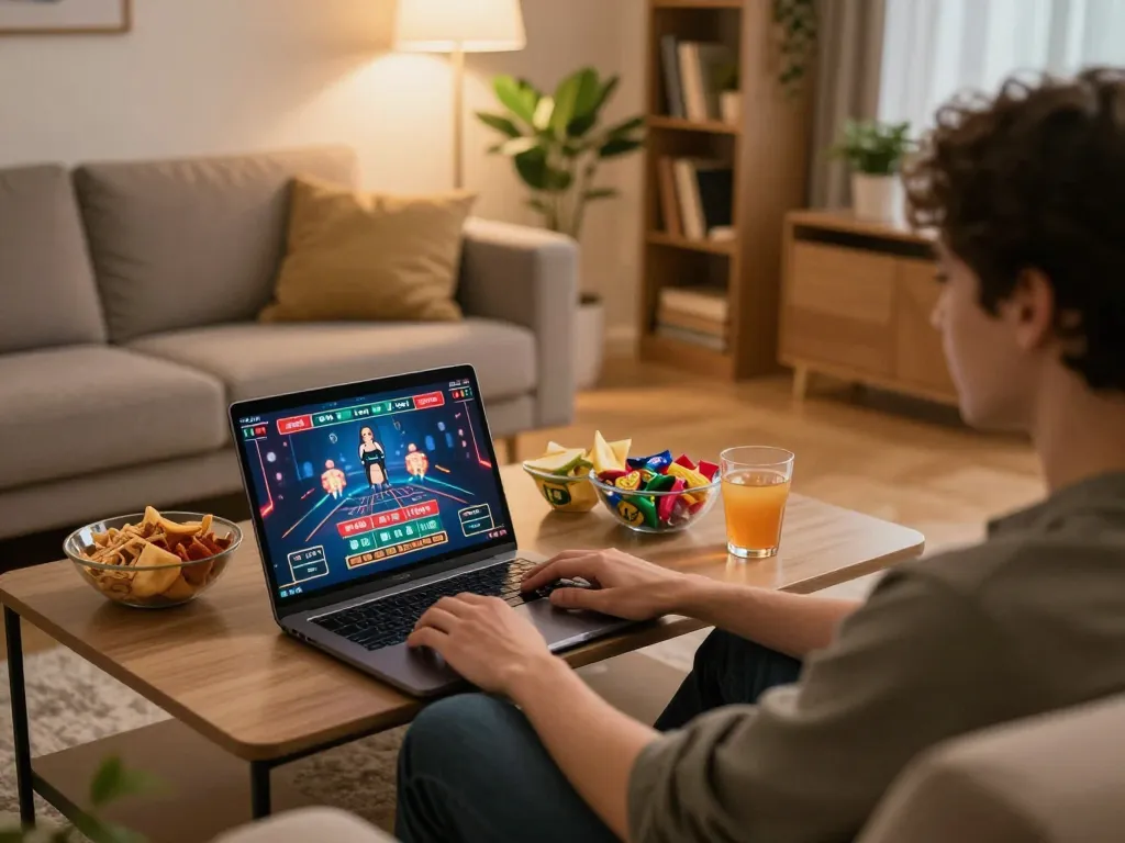 Online gaming experience at home with one88br interface on laptop in a cozy living room
