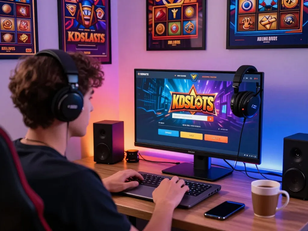 User logging into kdslot platform on a laptop in an exciting gaming environment filled with vibrant lights and game posters.