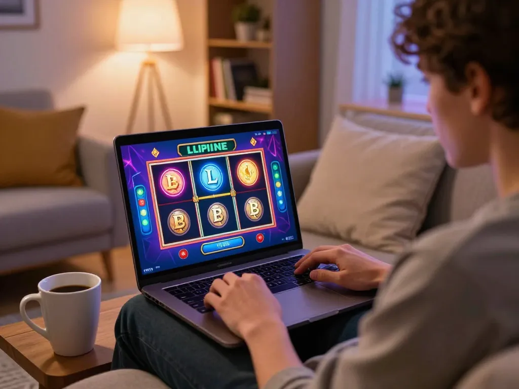 Engaging in litecoin gambling on a laptop in a cozy home environment, showcasing modern gaming.