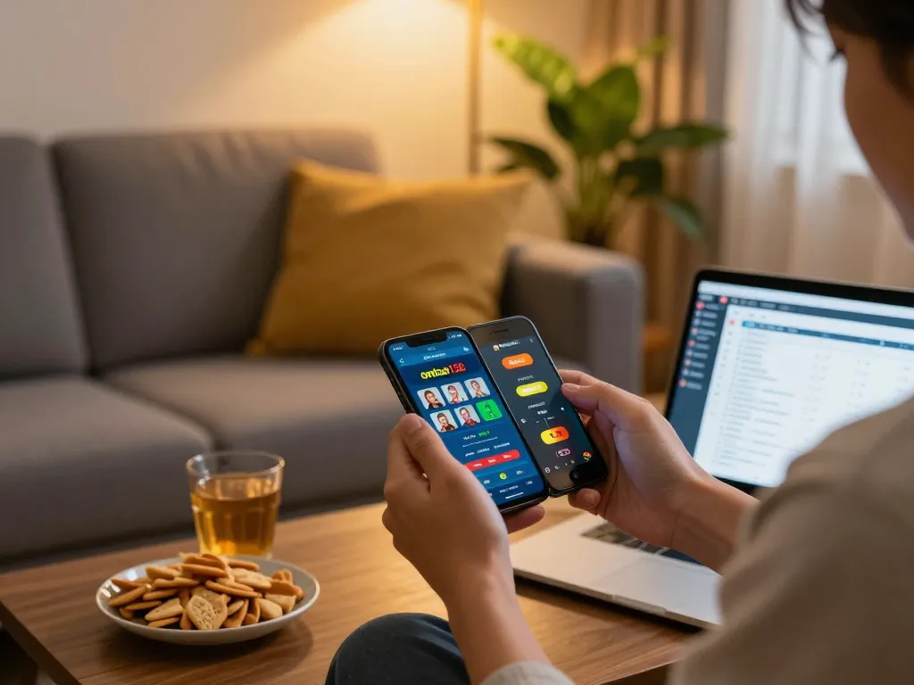 Pengguna Ombak138 menikmati pengalaman permainan seluler di smartphone di lingkungan rumah yang nyaman dengan camilan.