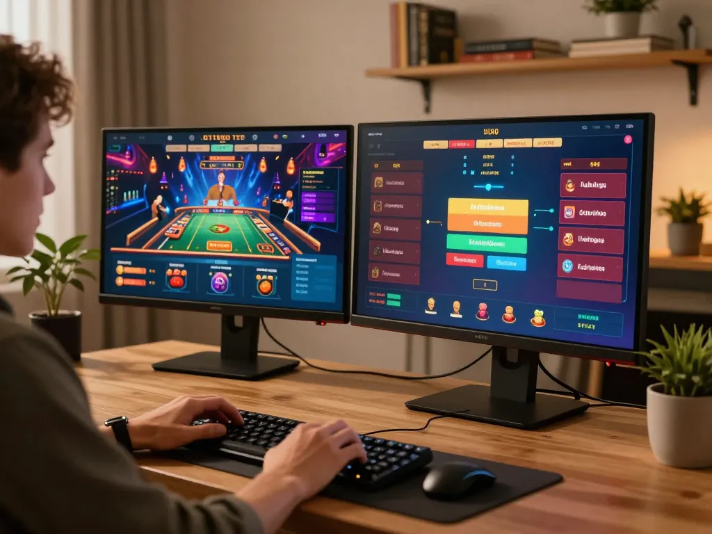 Experience online gaming with msg777 as players engage on multiple screens in a stylish workspace.