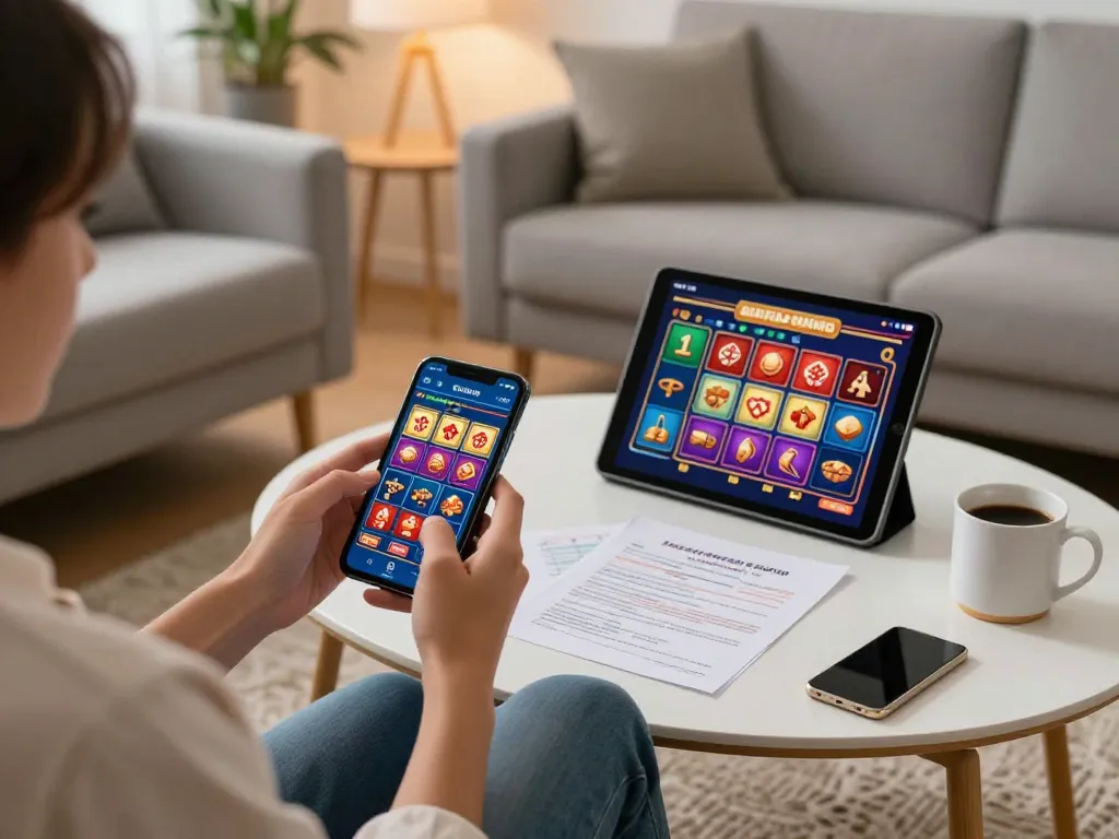 TG88 player engaging with mobile casino games on a cozy sofa, showcasing interactive gameplay and strategy.