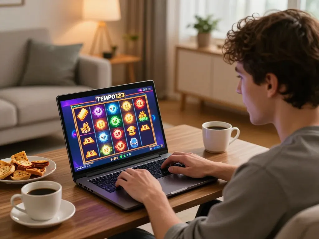 Player enjoying the Tempo123 slot online game from a cozy home setting, showcasing excitement and engagement.