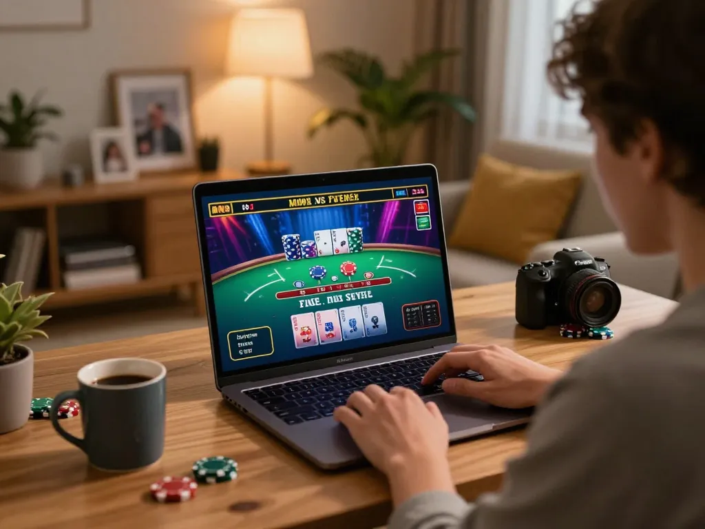 Player enjoying a live dealer game on uu88, immersed in a vibrant home gaming environment with strategic gaming elements.