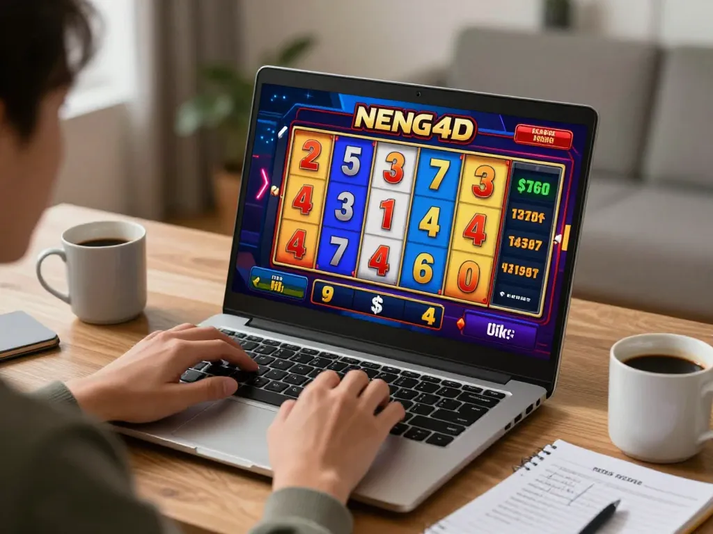 NENG4D player enjoying thrilling online slot gameplay, demonstrating exciting winning moments in a cozy home setup.