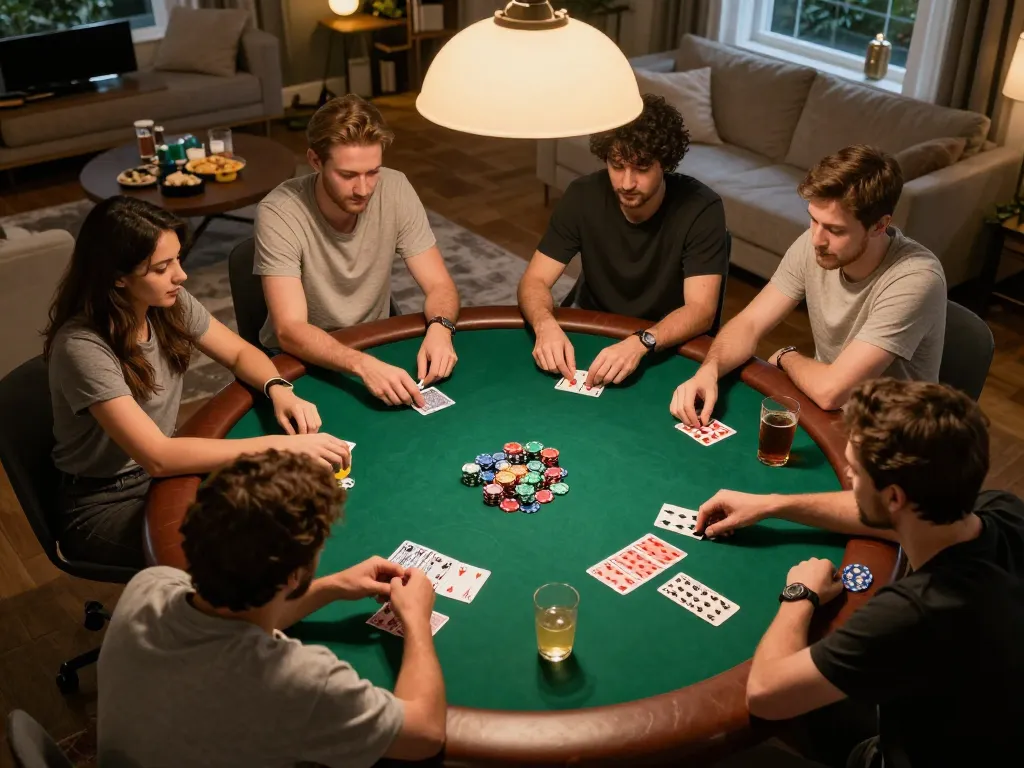 Players enjoying a friendly poker game at home, showcasing the fun atmosphere while engaging with may88.com gaming strategies