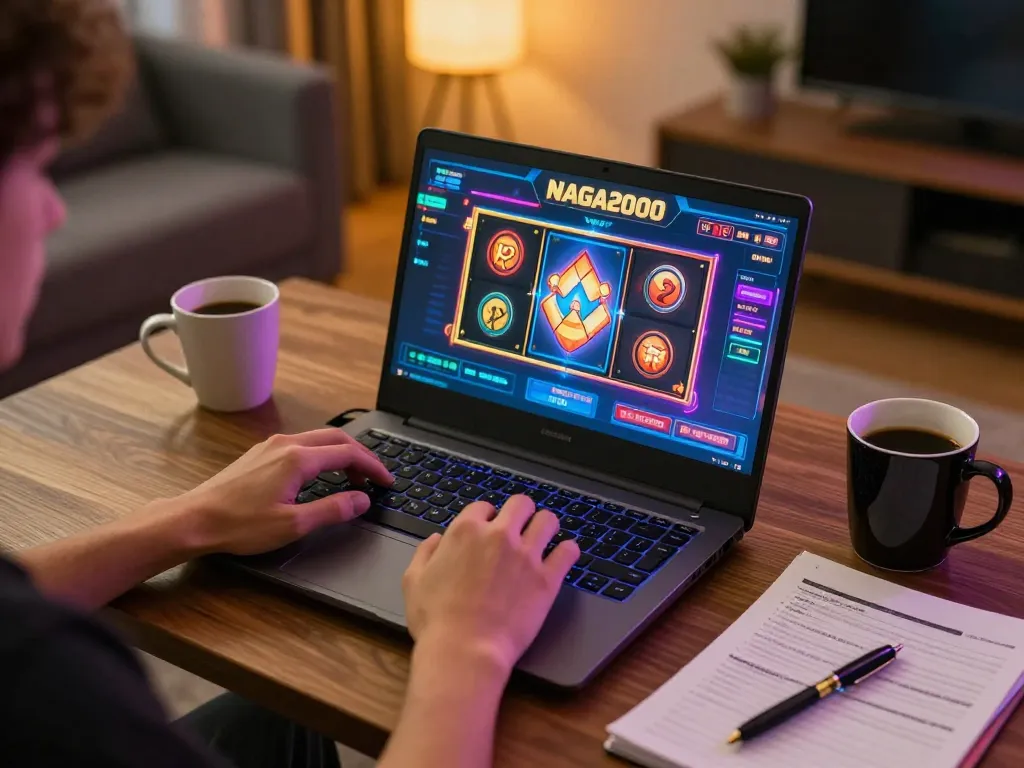NAGA2000 user engages in online slot gaming, showcasing vibrant gameplay from a cozy home setup.