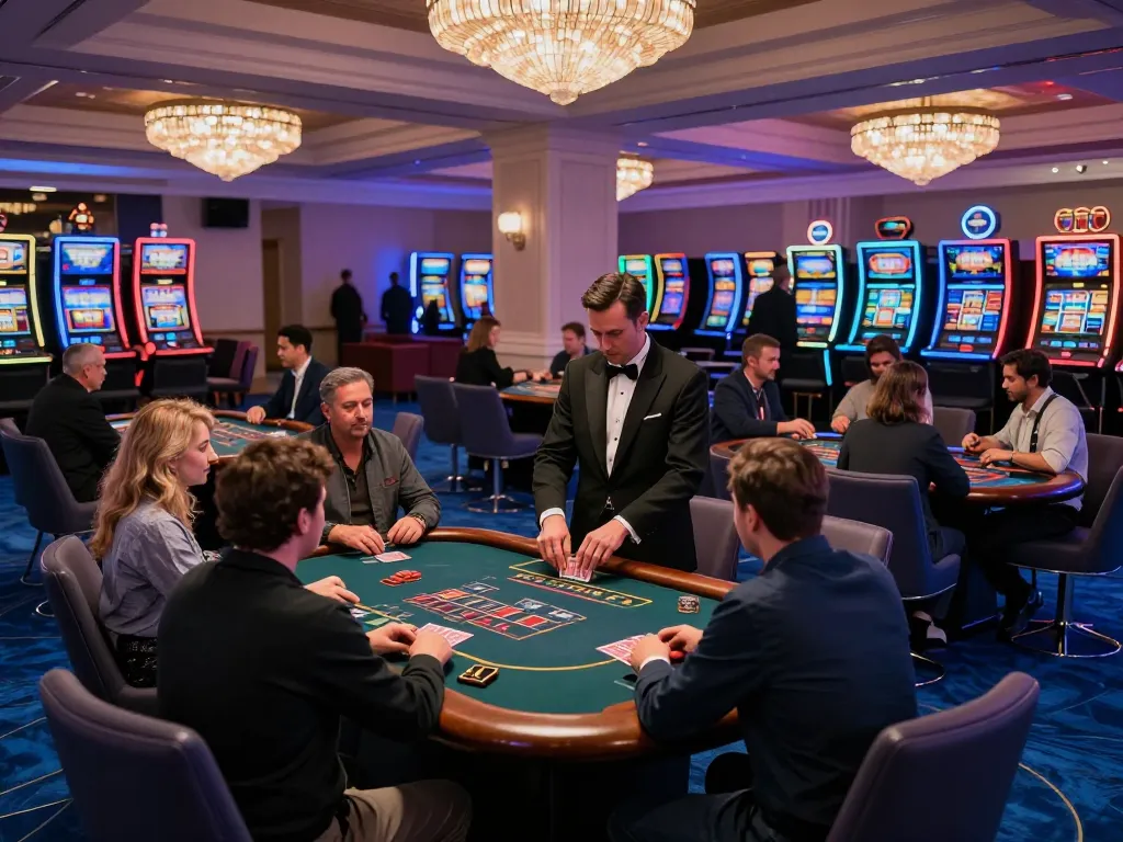 Players engage at lv88 blackjack tables in a vibrant casino, showcasing excitement and strategy.