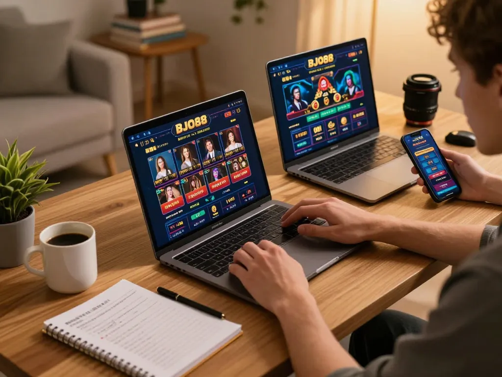 Pengguna BJO88 menikmati pengalaman permainan online dengan laptop dan smartphone di suasana rumah yang hangat