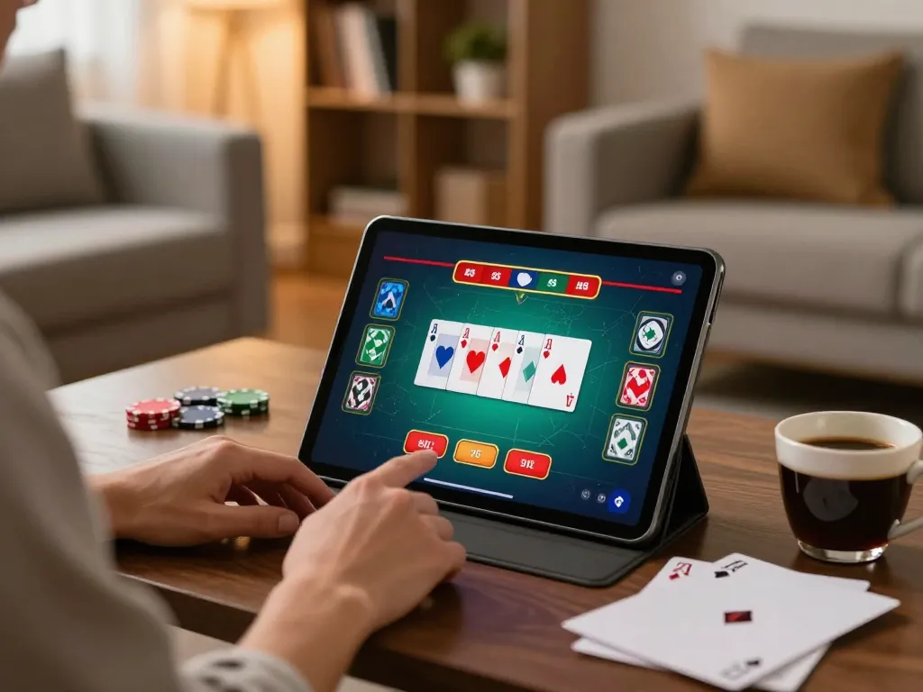 Engaging with Go88 poker on a tablet in a cozy, well-lit living room, showcasing strategic betting.