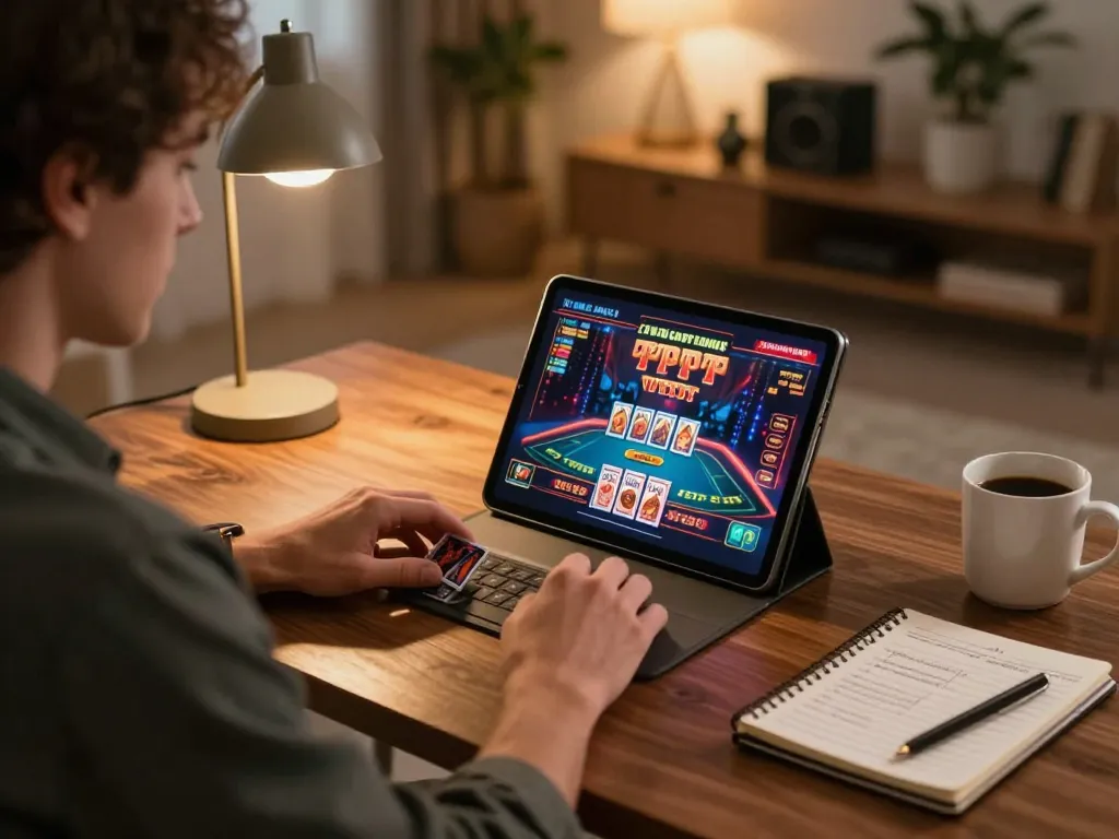 A player enjoying de bedste casinoer uden om rofus on a tablet at home, strategizing for better odds.