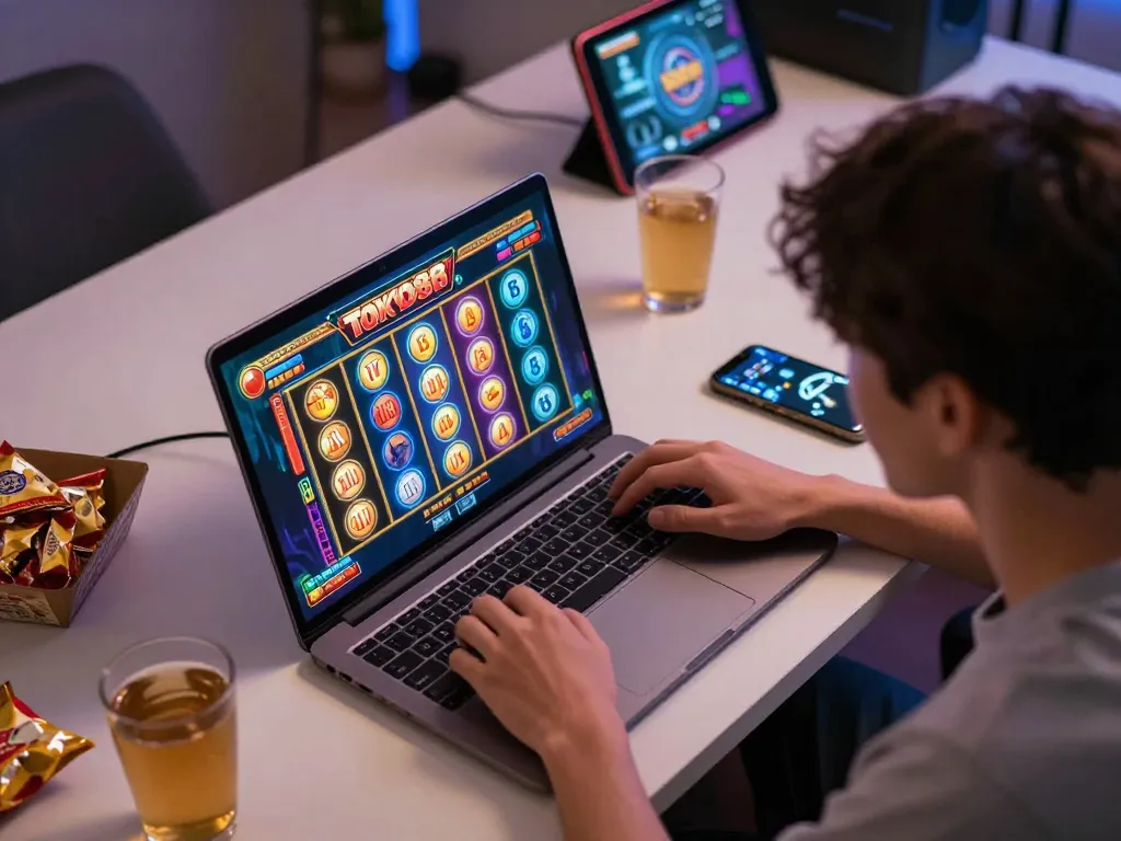 Pemain berinteraksi dengan permainan slot Tokyo88 di laptop, menampilkan gulungan yang cerah dan suasana permainan yang nyaman.