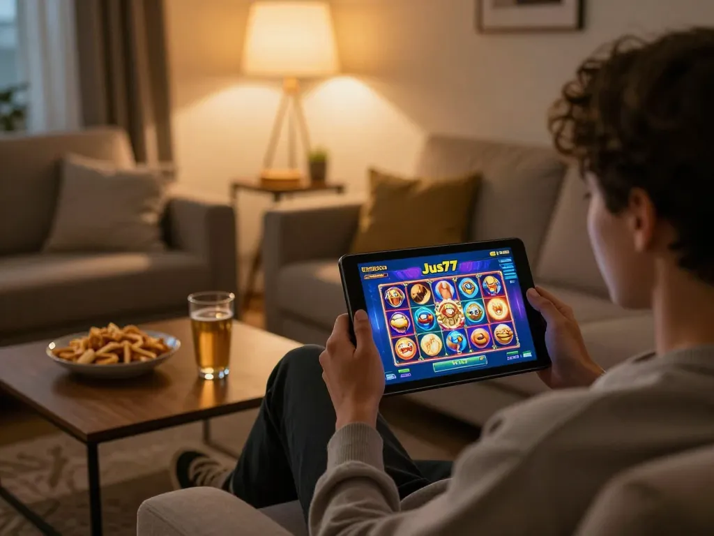 Engaging in Jus77 online slot gaming from a cozy home setup with vibrant graphics visible.