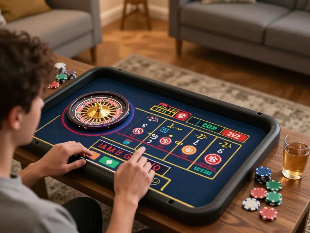 Player enjoying roulette on 789p tablet in a cozy home setting, showcasing strategic engagement.