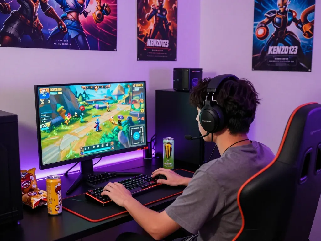 Player engaged in KENZO123 platform game, vibrant graphics and immersive atmosphere.