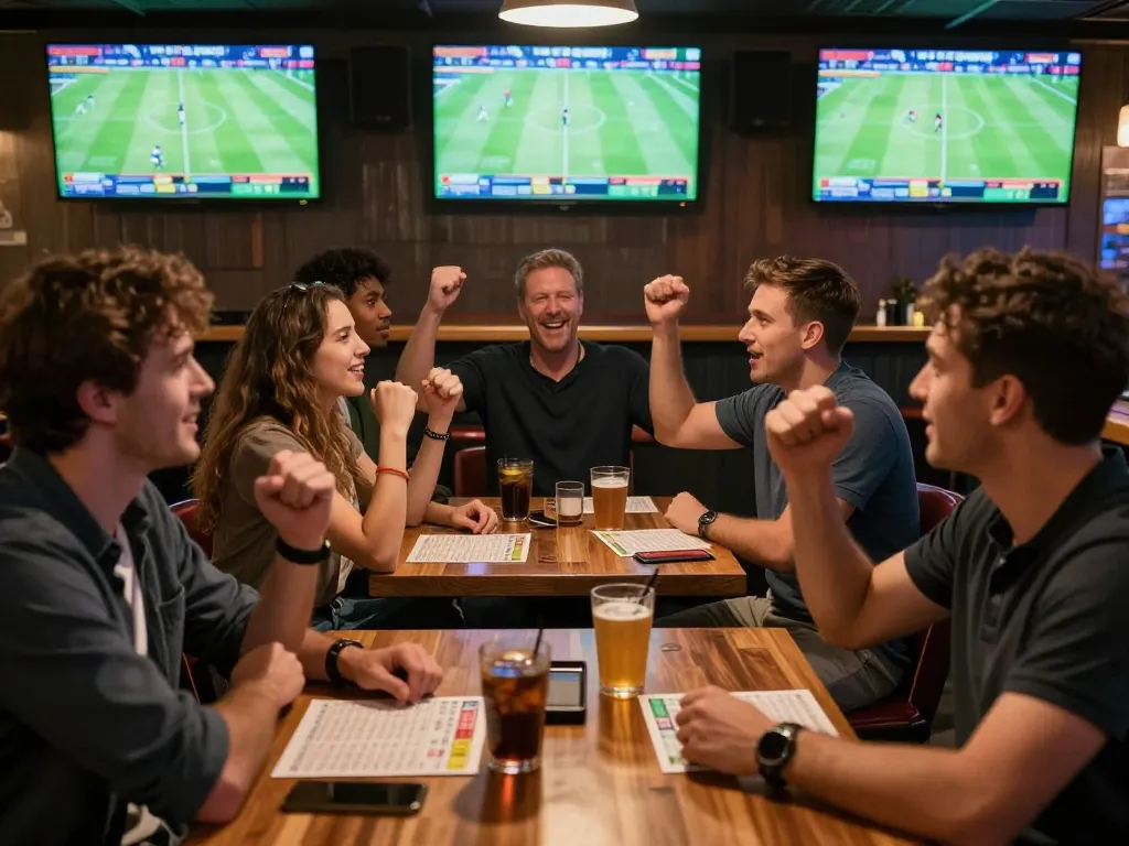Bongdalu sports enthusiasts cheering during live football matches with betting slips at hand.