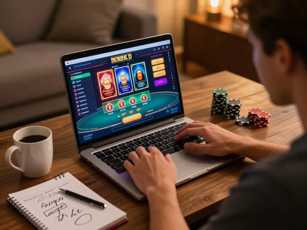 Player engaging in strategic online gaming at WIN678 casino, laptop screen displaying vibrant poker interface.