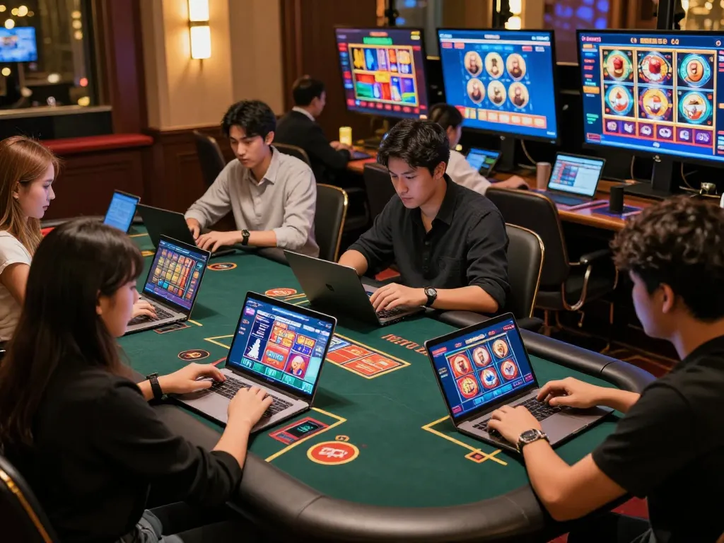 MMOO players enjoying dynamic online gaming experience with various casino games on devices.