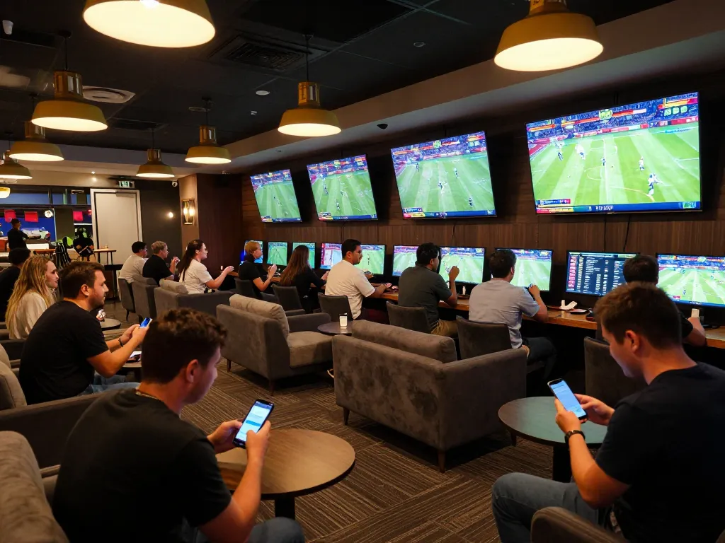Engaged players enjoying the okwin game in a lively sports betting lounge, surrounded by screens and excitement