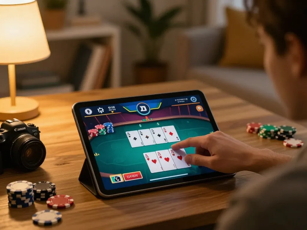Player engaged in a strategic online poker game on a tablet, showcasing sv88. in a cozy home environment with inviting lighting and decor.