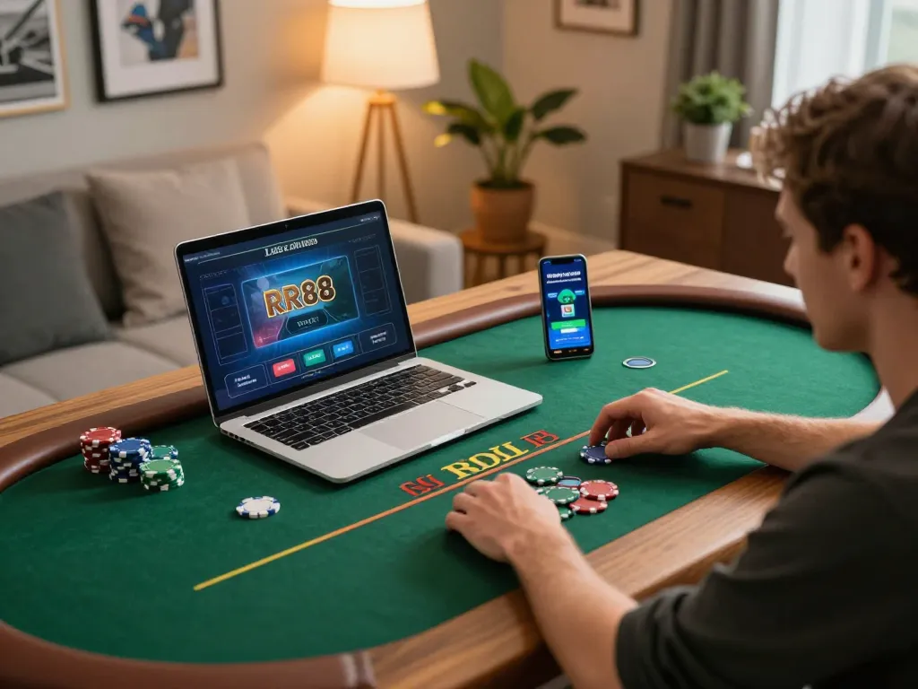 Player enjoying live dealer games on RR88 app at home, showcasing online gambling setup.