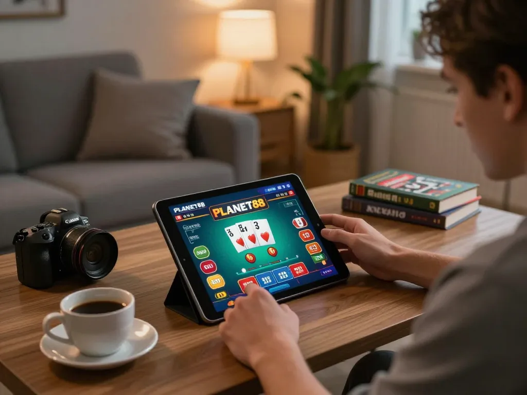 Engaging with PLANET88 casino games on a tablet in a cozy home gaming setup.