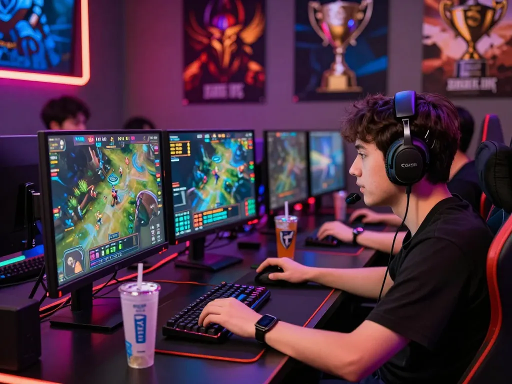 Dota 2 betting scene with a focused gamer analyzing live matches and making strategic wagers, showcasing an immersive esports experience.