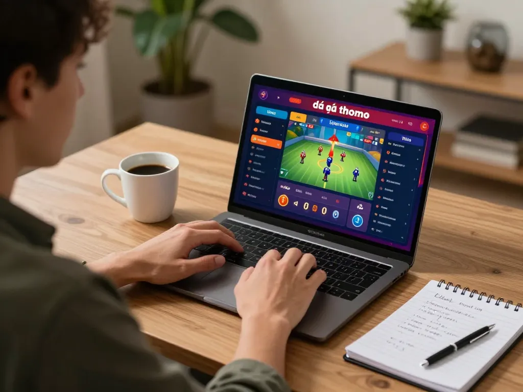 Engaging scene of a player using a laptop for đá gà thomo live streaming, focusing on strategic betting.