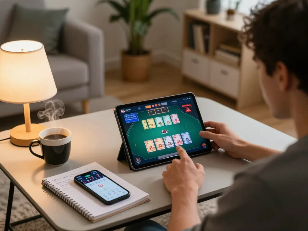 Player engaged in an online poker game on tablet in cozy home, with 789P strategy notes visible.