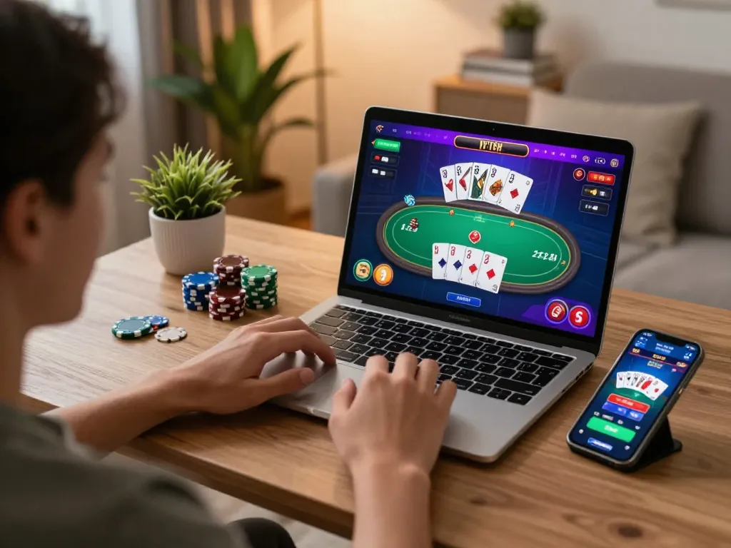 Bermain poker online di Planet77 dengan kartu-kartu berwarna cerah yang terlihat di layar.