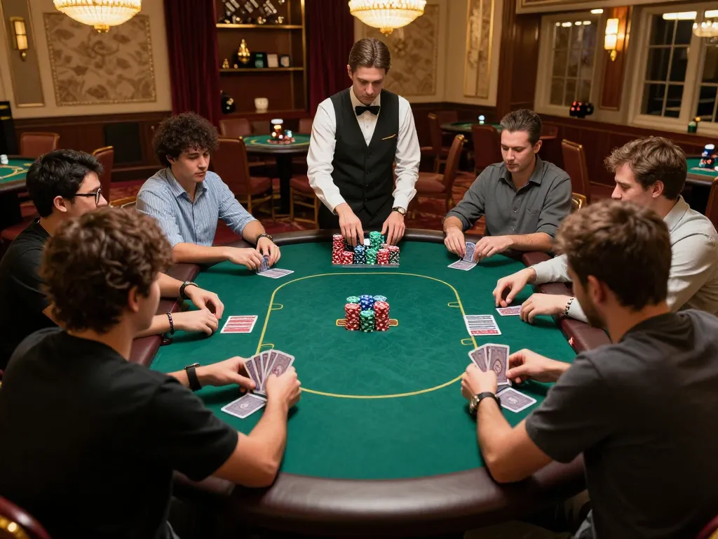 TR88 poker players in action during a high-stakes game with stacks of chips and cards on the table, showcasing intense strategy.