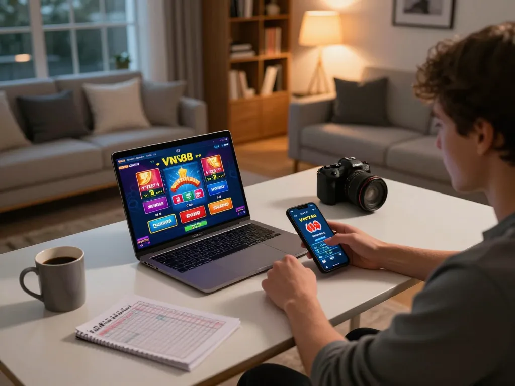 Engaging in online gaming with VN88 platform in a cozy home setup highlighting responsible wagering
