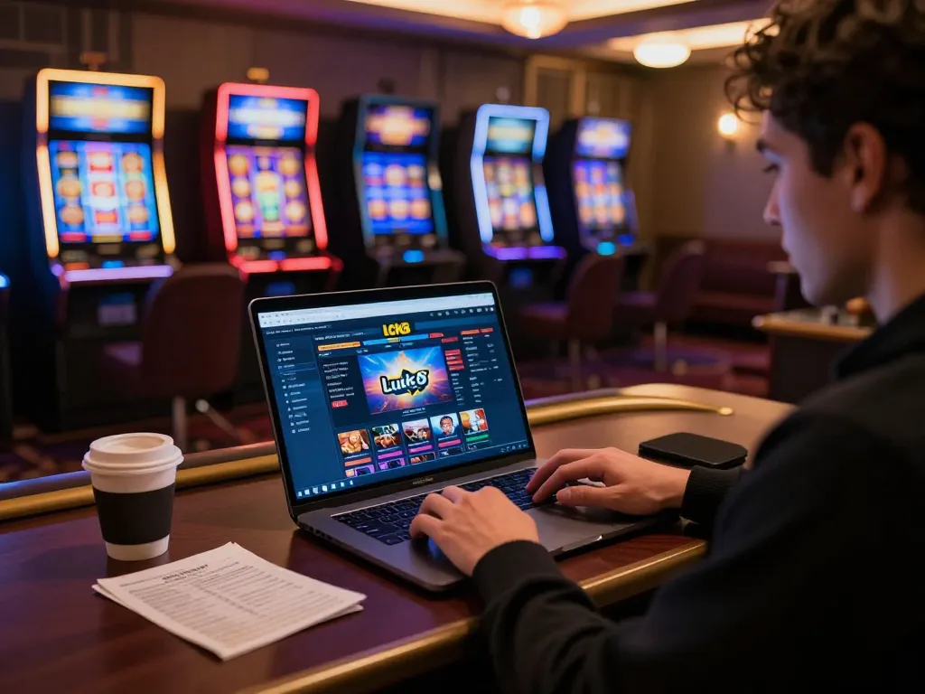 Player engaged in gaming on Luck8 com, showcasing vibrant slots on laptop screen