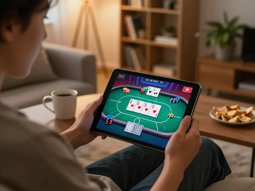Engaging in online poker gaming at home with bk8 app, emphasizing a comfortable gaming atmosphere.