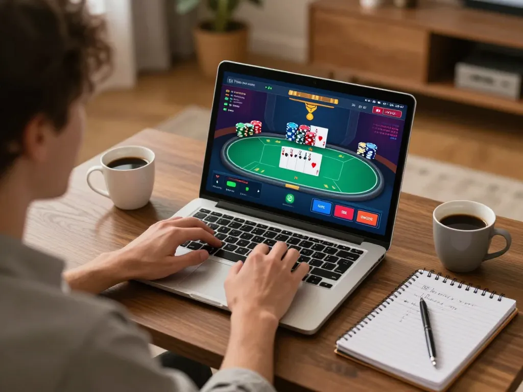 Player engaging with tr88 online poker game at home, showcasing strategic gameplay and comfort.