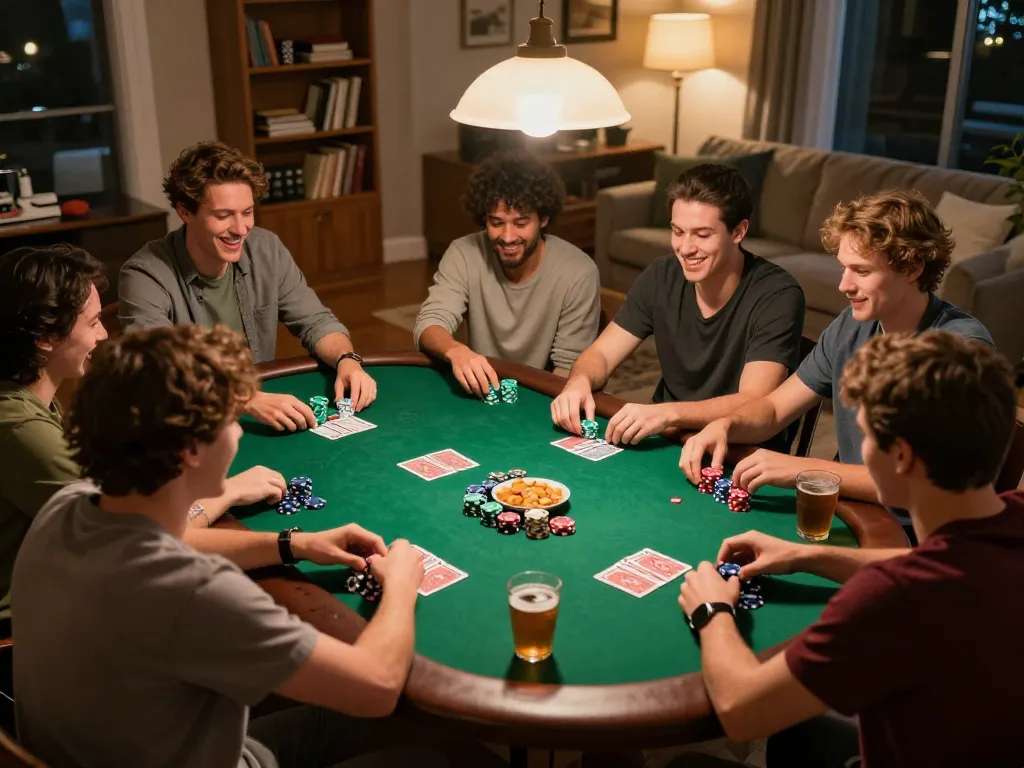 Friends enjoying an exciting poker night with LV88, playing cards and making strategic moves.