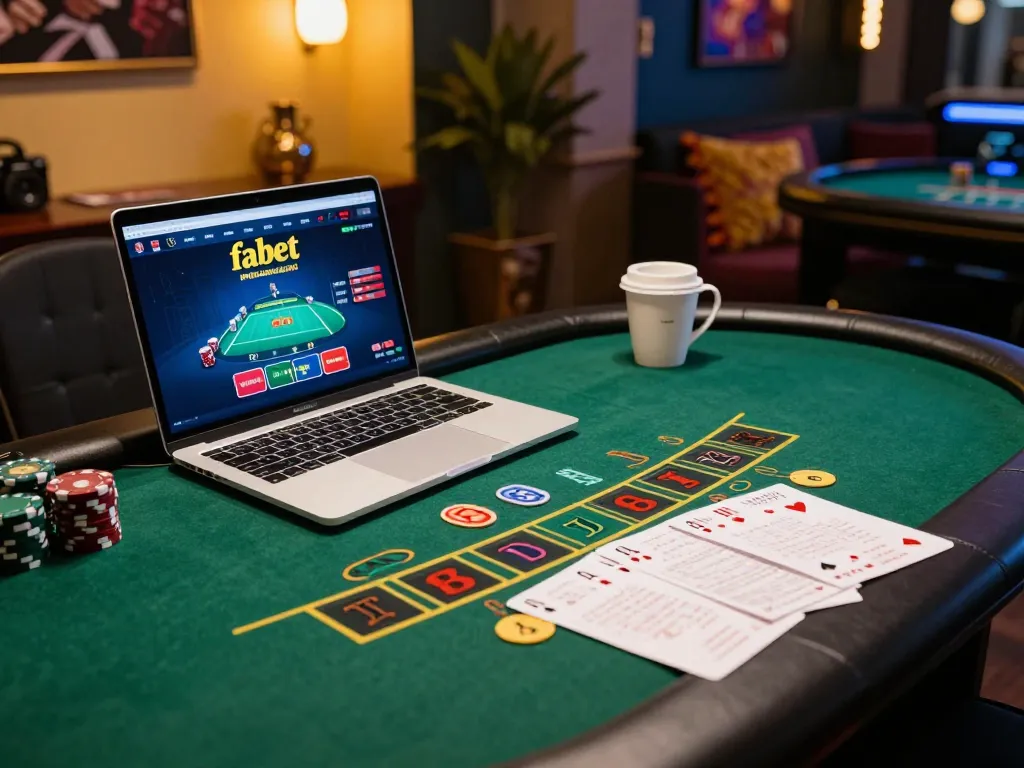 Enjoying a winning hand at fabet online blackjack with a laptop setup and strategic notes