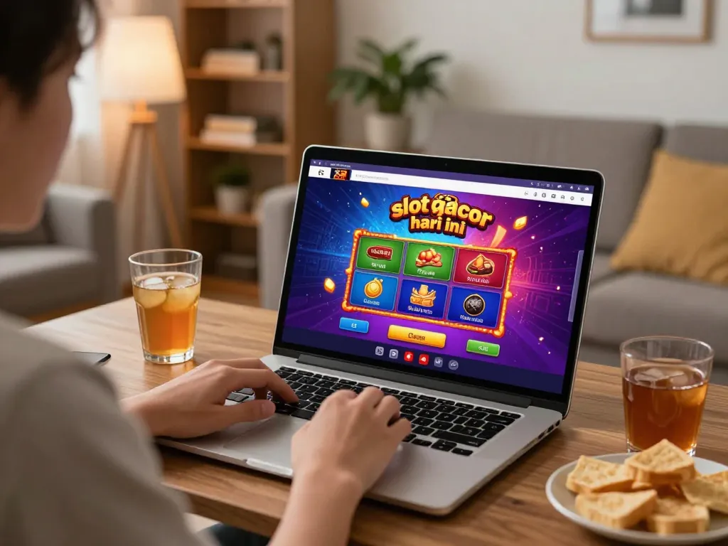 Person engaging with slot gacor hari ini game on laptop in cozy living room, embodying responsible gambling.