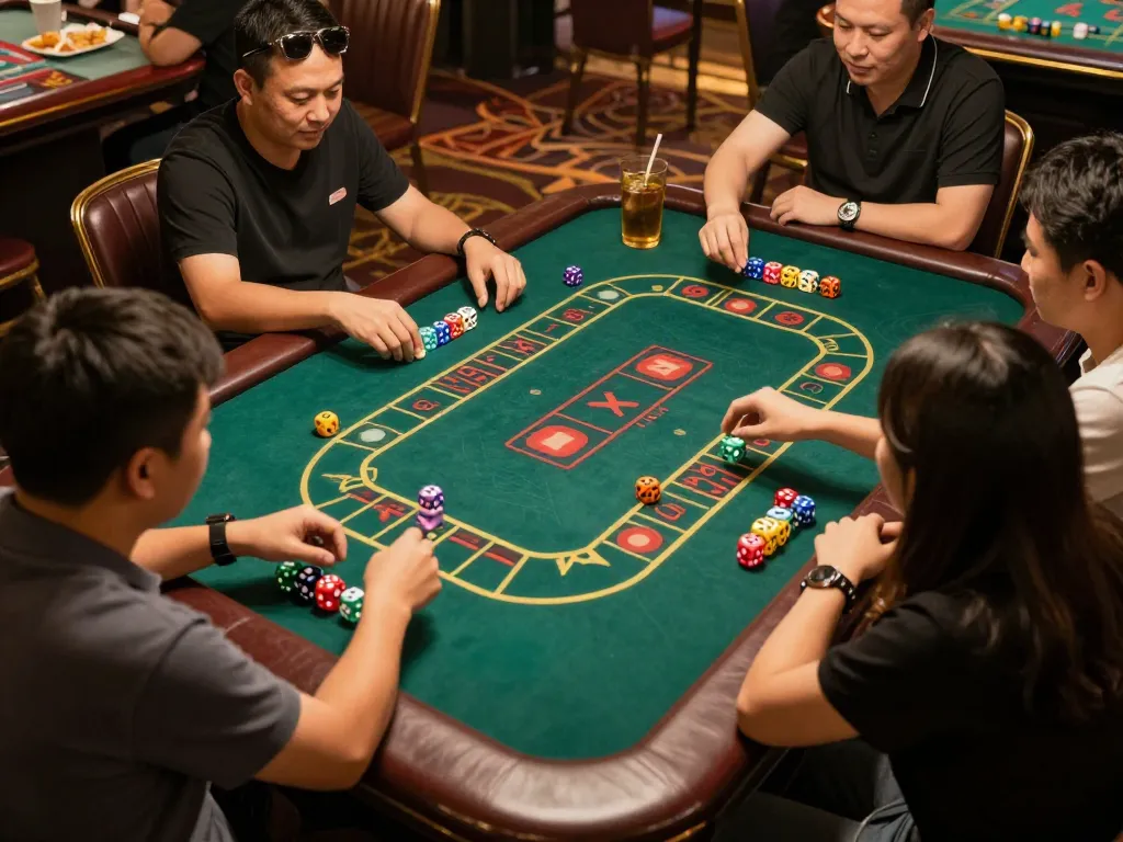Tài Xỉu game in progress with vibrant dice rolling, capturing excitement and social interaction.