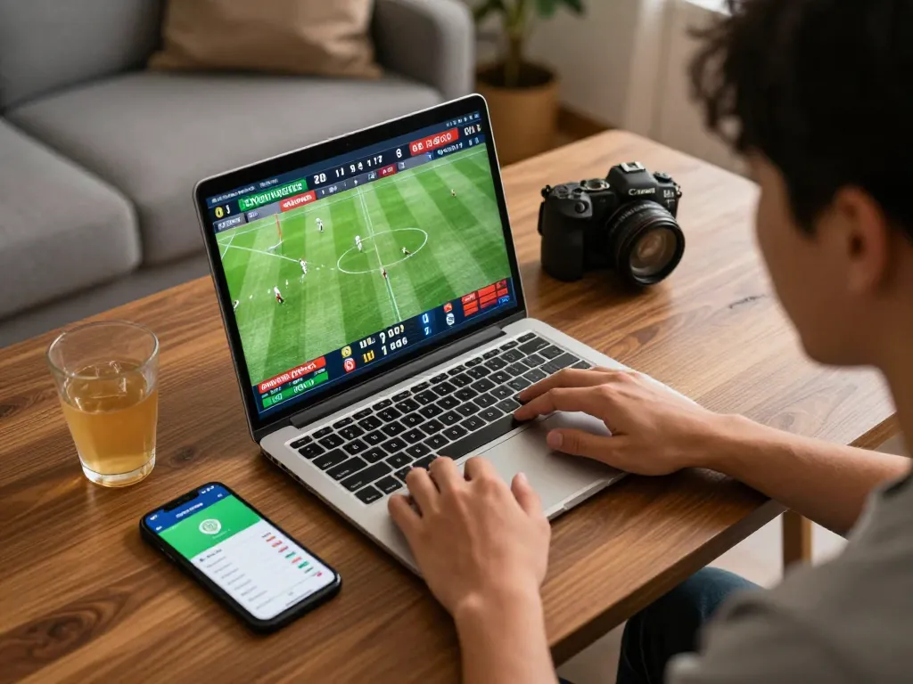 Engaging in online sports betting with ty le ca cuoc displayed on the laptop during an exciting football match.
