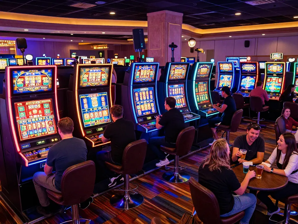 Players enjoying vibrant slot machines at gincal casino, capturing lively gaming atmosphere