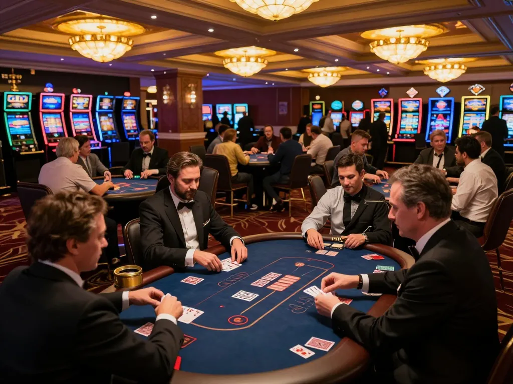 Engaged players at a high-stakes poker table in a vibrant casino showcasing F168 excitement