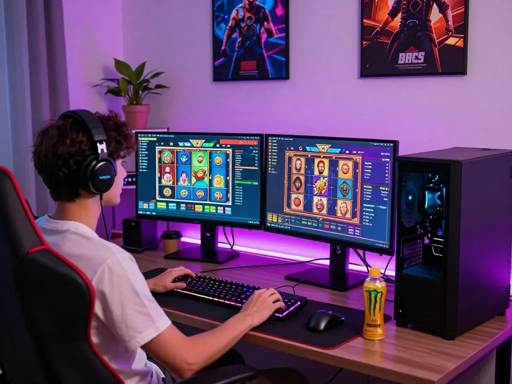 Engaging online gaming setup with dash88 slot games displayed on dual monitors.