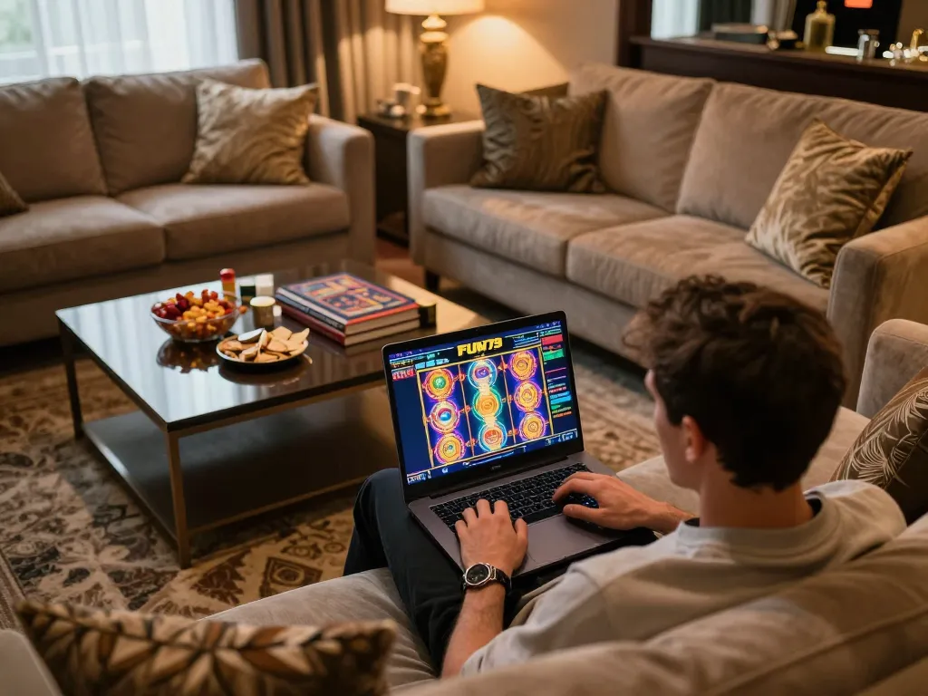 Player engaging with FUN79 online slots on a cozy living room sofa, enjoying a relaxed gaming atmosphere