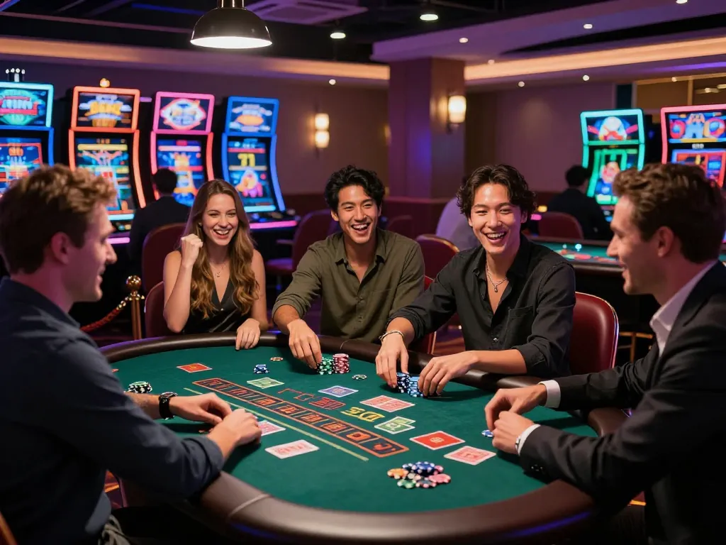 Players enjoying 3win at an exciting casino table, celebrating a big win in a lively atmosphere.